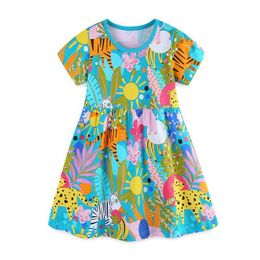 Girl's Dresses 2024 New Girl Summer Cotton Cartoon Animal Print Party Princess Dress 2-7 Year Old Girl Birthday DressL240508