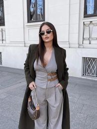 Women's Two Piece Pants Grey Sleeveless Vest Set Women Fashion Double Leather Belt Tops With Pant Suits 2024 Office Ladies Streetwear