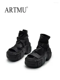 Dress Shoes Artmu Original Cool Thick Sole Roman Sandals Genuine Leather Women 2024 Belt Buckle Platform Wedge Heels High Boots