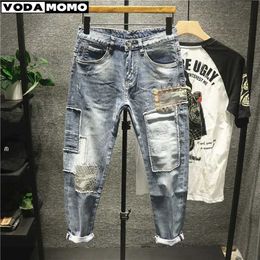 Jeans Harajuku Vintage Fashion Mens Luxury Jeans Korean Style Casual Stretch Slim Fit Denim Hip-hop Patchwork Jeans for Men Ripped J240507