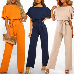 Women's Jumpsuits Rompers Elegant Summer Jumpsuit Women Round Neck Wide Leg Rompers Solid Colour Lace Up Party Overalls Fe Loose OL Work Playsuits d240507