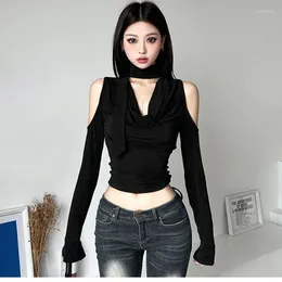 Women's Tanks Y2k Millennium Spicy Girl Off Shoulder V-neck 2024 Summer Women Hollow Fit Versatile Long Sleeved T-shirt Black Slimming Top