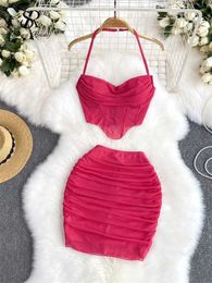 Two Piece Dress SINGREINY Mesh Sexy Suits Halter Zipper Mini Camis+Fold Design Bodycon Skirt American Hot Girl Y2K Solid Women Two Pieces Sets Y240508