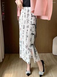 Skirts LANMREM Chinese Style Pleated Skirt Women High Waist Print Lace-up Split Design Slim Elegant 2024 Summer 25315