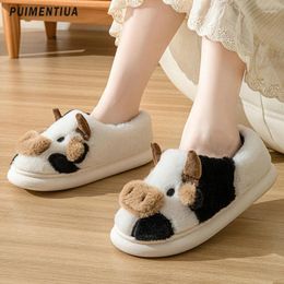 Slippers Winter Unisex Men Women Cartoon Cow Warm Plush Couple Boots Indoor Non-Slip House Slides Toe Wrap Home Cotton Shoes