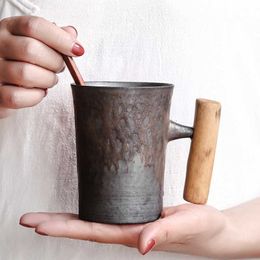 Creative Japanese Ceramic Coffee Mug Tumbler Rust Glaze With Wooden Handle Milk Beer Water Cup Home Office Drinkware 300ML 254C