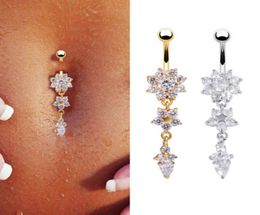 Sexy Dangle Belly Bars Belly Button Gold Silver Rings Belly Piercing Cz Crystal Flower Body Jewellery Navel Piercing Rings Drop C1907178662