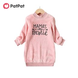 Girl's Dresses pt Preschool Girls Letter Embroidered Wool Plain Collar Long sleeved Pink Sweatshirt DressL240508