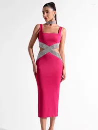 Casual Dresses Summer Women Evening Party Bandage Dress Elegant Tank Square Collar Cut Out Diamonds Midi Length Celebrity Birthday Gowns