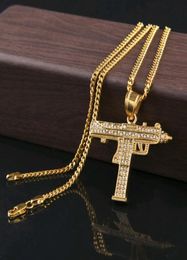 Mens Hiphop Jewelry Full CZ Diamond Pistol Submachine Gun Hip Hop Pendant Necklace with 3mm 24inch chain Whole1161382
