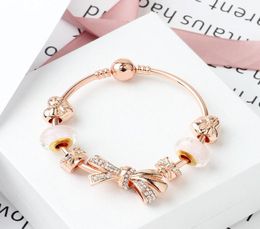 Strands fashion rose gold shining bow bracelet 1820cm love charm glass bead jewelry whole1523330