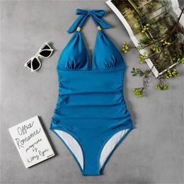 Women's Swimwear Elegant Blue Bikini Halter Bandage Sexy Backless Swimsuit Trend Women One-piece Brazil Beach Bathing Suit Bikinis Mujer