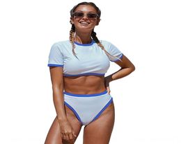 white contrast color trimming short Tshirt high waist twopiece swimsuit swimsuit 117465939195