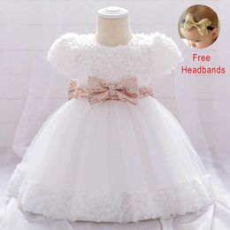 Christening dresses Baby Golden Bow Childrens Baptist Wedding Dress First Birthday Tulle Party Sequin Preschool Princess Costume Visco Q240507