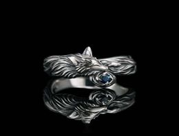Vintage Silver Plated Fox Ring Blue CZ Stone Rings For Men Women Punk Gothic Party Jewellery Gift Whole6277544