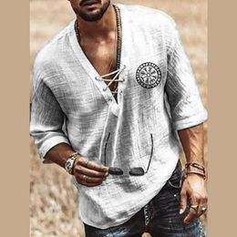 Men's T Shirts Clothes Men T-shirt Fashionable Linen Summer Top Long Sleeves Casual Sport Printed Lace Up Blouse Mujer XXXL 268J