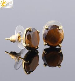 CSJA Natural Gemstone Stud Earrings Gold Jewellery for Women Faceted Rose Quartz Tiger Eye Opal Lapis Lazuli Stone Bead Earring Whol1335200