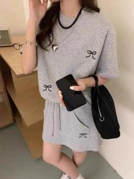 Work Dresses Korean Girl Suit Women's Summer Loose Embroidered Bow O-Neck Short-sleeved T-shirt A-line Short Skirt Casual Two-piece Set