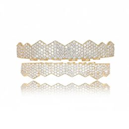 Hiphop Iced Out 5A Zircon Teeth Grills Set for Men Gold Colour Cubic Zirconia 8pcs Tooth Top Bottom Charm Grills Cover 240504