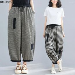 Women's Pants 2024 Spring Korean Style Bloomers Vintage Plaid Loose Ankle-length Fashion Cotton Linen Casual Trousers For Women