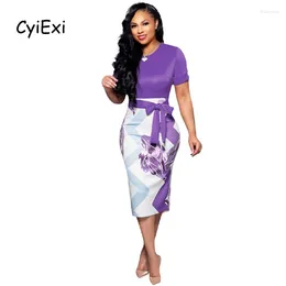 Party Dresses CyiExi 7 Colours Women Print Short Sleeve Bodycon Midi Dress For Work Office Lady Summer Plus Size Female Slim Fit Pencil