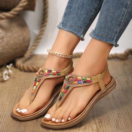 Casual Shoes 2024 Style Fashionable Clip Toe Bohemian Women's Sandals Beaded Water Diamond Elastic Band Cool Flat For Women