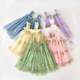 女の子のドレス夏の甘い花刺繍された女の赤ちゃんドレス高品質のメッシュペンダント女の女の子服の誕生日プリンセスかわいい赤ちゃんドレス240508