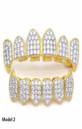 18K Real Gold Punk Hiphop CZ Zircon Poker Letters Vampire Teeth Fang Grillz Diamond Grills Braces Tooth Cap Rapper Jewelry for Cos4905258