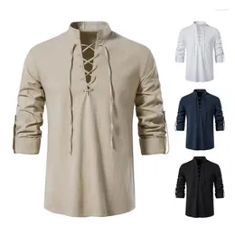 Men's Casual Shirts 2024 Men Long-Sleeved V-neck T-shirt Cotton And Linen Led Shirt Male Breathable Front Lace Up