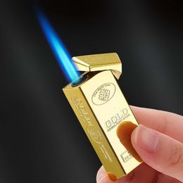 Creative Gold Brick Gold Bar Direct Injection Blue Jet Flame Lighter Metal Windproof Gas Unfilled Cigarette Lighter Wholesale