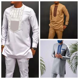 Summer Mens Suit African Ethnic Casual Style 2-Piece Sets Printed Long Sleeve Top Pants Gentleman Fashion Clothes Outfits 240426