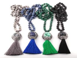 Fashion Bohemian Jewelry Semi Precious Stones Long Knotted Natural Druzy Tassel Pendant Necklace For Women Ethnic Necklace9325425