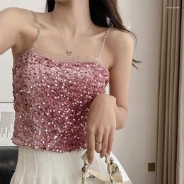 Women's Tanks HELIAR Women Sequin Sexy Crop Top Spaghetti Sleeveless Y2K Tank With Bra Pad Lace Pleated Chain Camis Summer Beach