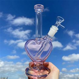 9inch Thick Heavy Pink Heart Shape Glass Bong Dab Rig Recycler Small Water Pipe Smoke Hookah Beaker Bubbler with Downstem & Bowl