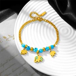 Bangle 316L Stainless Steel New Fashion Fine Jewelry Bohemian Style Beaded Eye 3 Painted Elephants Charm Thick Chain Bracelet For Women