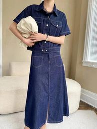 Skirts Contrast Color Denim Short Sleeved Shirt Top Split Long Skirt Two-Piece Set For Summer Fashion Women's Clothing Vintage Outfits