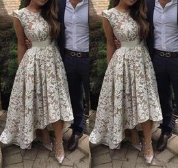 2021 New Elegant Cap Sleeves High low Evening Dresses White Champagne Lining Lace Appliques Formal Party Prom Gowns Custom Made9601184