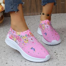 Casual Shoes Flower Print Knitted Sneakers Women Shiny Crystal Breathable Walking Woman Size 35-43 Non-Slip Sock Ladies