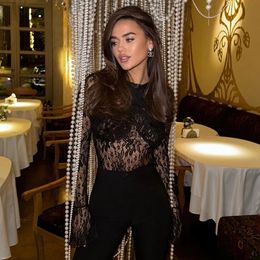 Gtpdpllt See Through Lace Mesh Sexy Women's T Shirts Blouses Black Cross Flared Long Sleeve Outfits Tops Trendy Y2K Clothes 240423