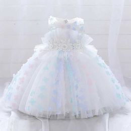 Christening dresses White pink baby Lush dress toddler girl flower Baptist 1st birthday party wedding princess childrens clothing Q240507