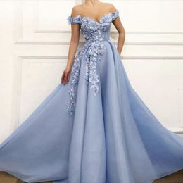 3D Floral Appliques Prom Dresses A Line Light Sky Blue Pageant Dress Off The Shoulder Floor Length Flowers Evening Gowns 2024 Long Special Occasion Wear
