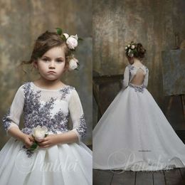 Lovely Ball Gown Flower Girl Dresses Jewel Long Sleeve Hollow Lace Applique Sequins Crystal Pageant Dress Floor Length Girl's Birthday Party 0508