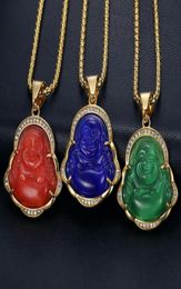 Diamond Studded Opal Jade Laughing Buddha Pendant Necklaces with Stainless Steel Gold Plated Chain Inlaid Gemstone Jewelry Wholesa7819862