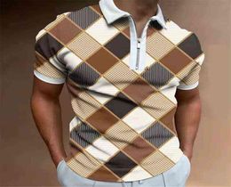 2022 Men Slim Polo Shirt Summer Fashion Plaid Patchwork Short Sleeve Tops For Casual Men039s Turndown Collar Zipup Polo Shirt7918672