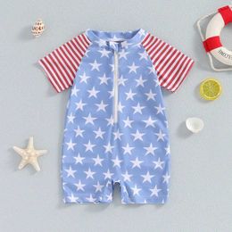 One-Pieces Toddler Boys 4th of July Swimwear Star Stripe Print Zipper Short Sleeve Rash Guard 1Piece Swimsuit Beachwear Bathing Suit H240508