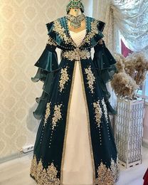 Luxury Turkish Arabic Evening Dresses Moroccan Kaftan Dark Green Formal Occasion Gowns Gold Lace Appliques Pearls Crystal Beaded Muslim Prom Dress For Women 2024