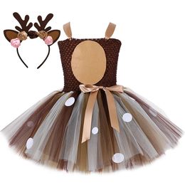 여자를위한 사슴 의상 크리스마스 드레스 아이 할로윈 의상 순록 얇은징 투투 드레스 생일 공주 옷 갈색 240429