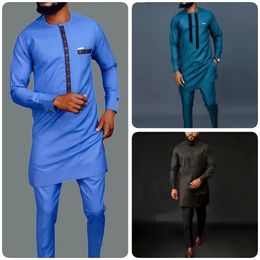 Dashiki African Men Clothing Mens Suit Blue Casual Long Sleeve Ethnic Print Shirt And Pants Two Piece Mens Sets M-4XL 240426