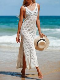 Summer Dress Women Beach Bikini Cover-Up Long Beachwear Solid Colour Sleeveless Closure Loose V-neck Knitted
