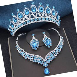 Gorgeous Royal Blue Crystal Bridal Jewellery Sets Colourful Tiaras Earrings Necklaces Set for Women Wedding Dress Crown 240507